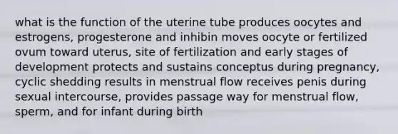 what is the function of the uterine tube produces oocytes and estrogens, progesterone and inhibin moves oocyte or fertilized ovum toward uterus, site of fertilization and early stages of development protects and sustains conceptus during pregnancy, cyclic shedding results in menstrual flow receives penis during sexual intercourse, provides passage way for menstrual flow, sperm, and for infant during birth