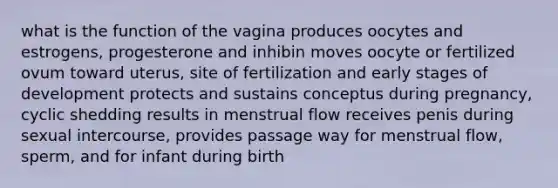 what is the function of the vagina produces oocytes and estrogens, progesterone and inhibin moves oocyte or fertilized ovum toward uterus, site of fertilization and early stages of development protects and sustains conceptus during pregnancy, cyclic shedding results in menstrual flow receives penis during sexual intercourse, provides passage way for menstrual flow, sperm, and for infant during birth