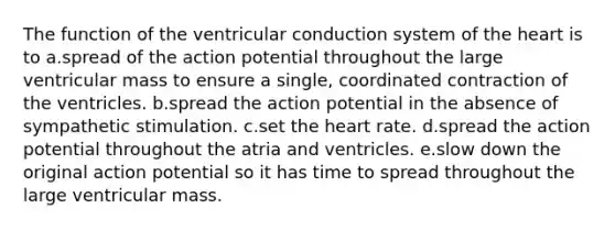 The function of the ventricular conduction system of <a href='https://www.questionai.com/knowledge/kya8ocqc6o-the-heart' class='anchor-knowledge'>the heart</a> is to a.spread of the action potential throughout the large ventricular mass to ensure a single, coordinated contraction of the ventricles. b.spread the action potential in the absence of sympathetic stimulation. c.set the heart rate. d.spread the action potential throughout the atria and ventricles. e.slow down the original action potential so it has time to spread throughout the large ventricular mass.