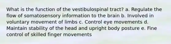 What is the function of the vestibulospinal tract? a. Regulate the flow of somatosensory information to the brain b. Involved in voluntary movement of limbs c. Control eye movements d. Maintain stability of the head and upright body posture e. Fine control of skilled finger movements