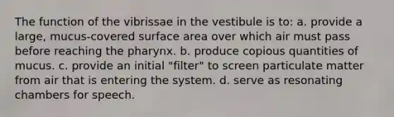 The function of the vibrissae in the vestibule is to: a. provide a large, mucus-covered surface area over which air must pass before reaching the pharynx. b. produce copious quantities of mucus. c. provide an initial "filter" to screen particulate matter from air that is entering the system. d. serve as resonating chambers for speech.