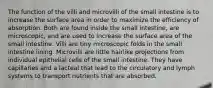 The function of the villi and microvilli of the small intestine is to increase the surface area in order to maximize the efficiency of absorption. Both are found inside the small intestine, are microscopic, and are used to increase the surface area of the small intestine. Villi are tiny microscopic folds in the small intestine lining. Microvilli are little hairlike projections from individual epithelial cells of the small intestine. They have capillaries and a lacteal that lead to the circulatory and lymph systems to transport nutrients that are absorbed.