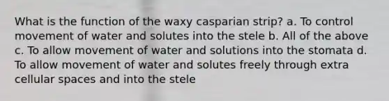 What is the function of the waxy casparian strip? a. To control movement of water and solutes into the stele b. All of the above c. To allow movement of water and solutions into the stomata d. To allow movement of water and solutes freely through extra cellular spaces and into the stele