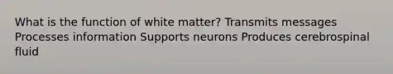 What is the function of white matter? Transmits messages Processes information Supports neurons Produces cerebrospinal fluid