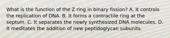 What is the function of the Z ring in binary fission? A. It controls the replication of DNA. B. It forms a contractile ring at the septum. C. It separates the newly synthesized DNA molecules. D. It meditates the addition of new peptidoglycan subunits.