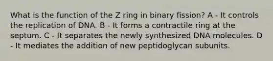 What is the function of the Z ring in binary fission? A - It controls the replication of DNA. B - It forms a contractile ring at the septum. C - It separates the newly synthesized DNA molecules. D - It mediates the addition of new peptidoglycan subunits.