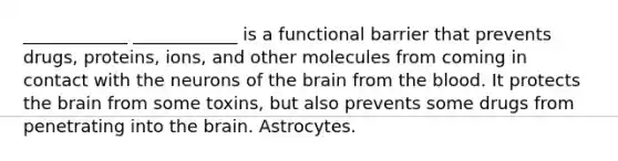 ____________ ____________ is a functional barrier that prevents drugs, proteins, ions, and other molecules from coming in contact with the neurons of the brain from the blood. It protects the brain from some toxins, but also prevents some drugs from penetrating into the brain. Astrocytes.