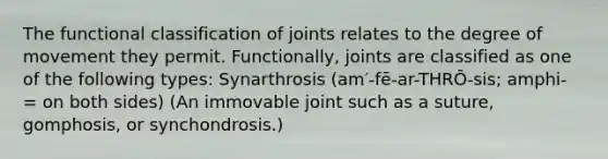 The functional classification of joints relates to the degree of movement they permit. Functionally, joints are classified as one of the following types: Synarthrosis (am′-fē-ar-THRŌ-sis; amphi- = on both sides) (An immovable joint such as a suture, gomphosis, or synchondrosis.)