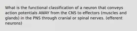 What is the functional classification of a neuron that conveys action potentials AWAY from the CNS to effectors (muscles and glands) in the PNS through cranial or spinal nerves. (efferent neurons)