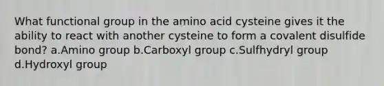 What functional group in the amino acid cysteine gives it the ability to react with another cysteine to form a covalent disulfide bond? a.Amino group b.Carboxyl group c.Sulfhydryl group d.Hydroxyl group