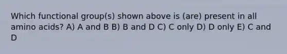 Which functional group(s) shown above is (are) present in all <a href='https://www.questionai.com/knowledge/k9gb720LCl-amino-acids' class='anchor-knowledge'>amino acids</a>? A) A and B B) B and D C) C only D) D only E) C and D