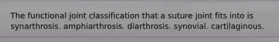 The functional joint classification that a suture joint fits into is synarthrosis. amphiarthrosis. diarthrosis. synovial. cartilaginous.