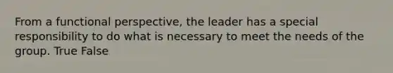 From a functional perspective, the leader has a special responsibility to do what is necessary to meet the needs of the group. True False