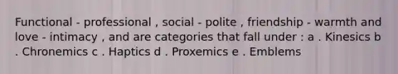 Functional - professional , social - polite , friendship - warmth and love - intimacy , and are categories that fall under : a . Kinesics b . Chronemics c . Haptics d . Proxemics e . Emblems