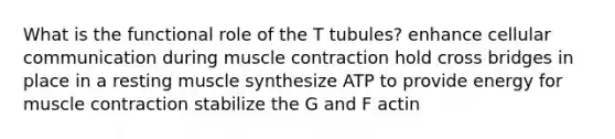 What is the functional role of the T tubules? enhance cellular communication during muscle contraction hold cross bridges in place in a resting muscle synthesize ATP to provide energy for muscle contraction stabilize the G and F actin