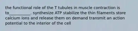 the functional role of the T tubules in muscle contraction is to___________. synthesize ATP stabilize the thin filaments store calcium ions and release them on demand transmit an action potential to the interior of the cell