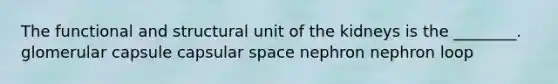 The functional and structural unit of the kidneys is the ________. glomerular capsule capsular space nephron nephron loop