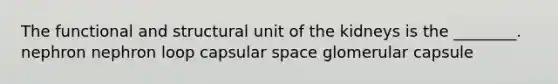 The functional and structural unit of the kidneys is the ________. nephron nephron loop capsular space glomerular capsule