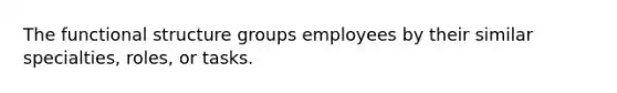 The functional structure groups employees by their similar specialties, roles, or tasks.