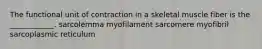 The functional unit of contraction in a skeletal muscle fiber is the ____________. sarcolemma myofilament sarcomere myofibril sarcoplasmic reticulum