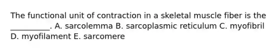 The functional unit of contraction in a skeletal muscle fiber is the __________. A. sarcolemma B. sarcoplasmic reticulum C. myofibril D. myofilament E. sarcomere