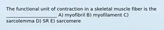 The functional unit of contraction in a skeletal muscle fiber is the ______________________ A) myofibril B) myofilament C) sarcolemma D) SR E) sarcomere