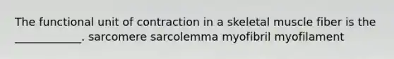 The functional unit of contraction in a skeletal muscle fiber is the ____________. sarcomere sarcolemma myofibril myofilament