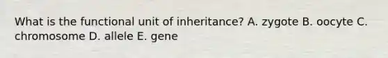 What is the functional unit of inheritance? A. zygote B. oocyte C. chromosome D. allele E. gene