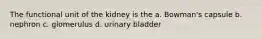 The functional unit of the kidney is the a. Bowman's capsule b. nephron c. glomerulus d. urinary bladder