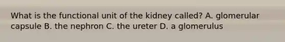 What is the functional unit of the kidney​ called? A. glomerular capsule B. the nephron C. the ureter D. a glomerulus