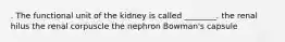 . The functional unit of the kidney is called ________. the renal hilus the renal corpuscle the nephron Bowman's capsule