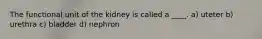 The functional unit of the kidney is called a ____. a) uteter b) urethra c) bladder d) nephron