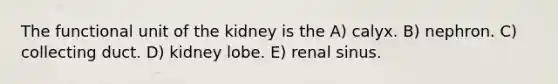 The functional unit of the kidney is the A) calyx. B) nephron. C) collecting duct. D) kidney lobe. E) renal sinus.