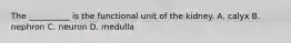 The __________ is the functional unit of the kidney. A. calyx B. nephron C. neuron D. medulla