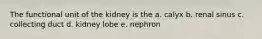 The functional unit of the kidney is the a. calyx b. renal sinus c. collecting duct d. kidney lobe e. nephron