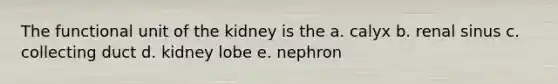 The functional unit of the kidney is the a. calyx b. renal sinus c. collecting duct d. kidney lobe e. nephron