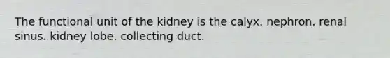 The functional unit of the kidney is the calyx. nephron. renal sinus. kidney lobe. collecting duct.