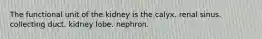 The functional unit of the kidney is the calyx. renal sinus. collecting duct. kidney lobe. nephron.