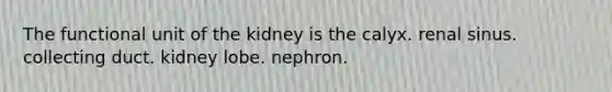 The functional unit of the kidney is the calyx. renal sinus. collecting duct. kidney lobe. nephron.