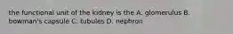 the functional unit of the kidney is the A. glomerulus B. bowman's capsule C. tubules D. nephron