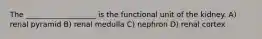 The ___________________ is the functional unit of the kidney. A) renal pyramid B) renal medulla C) nephron D) renal cortex