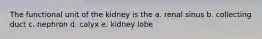 The functional unit of the kidney is the a. renal sinus b. collecting duct c. nephron d. calyx e. kidney lobe