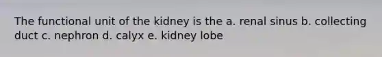 The functional unit of the kidney is the a. renal sinus b. collecting duct c. nephron d. calyx e. kidney lobe