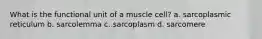 What is the functional unit of a muscle cell? a. sarcoplasmic reticulum b. sarcolemma c. sarcoplasm d. sarcomere