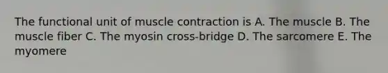The functional unit of <a href='https://www.questionai.com/knowledge/k0LBwLeEer-muscle-contraction' class='anchor-knowledge'>muscle contraction</a> is A. The muscle B. The muscle fiber C. The myosin cross-bridge D. The sarcomere E. The myomere