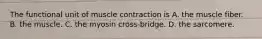 The functional unit of muscle contraction is A. the muscle fiber. B. the muscle. C. the myosin cross-bridge. D. the sarcomere.