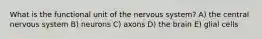 What is the functional unit of the nervous system? A) the central nervous system B) neurons C) axons D) the brain E) glial cells