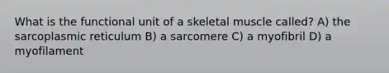 What is the functional unit of a skeletal muscle called? A) the sarcoplasmic reticulum B) a sarcomere C) a myofibril D) a myofilament