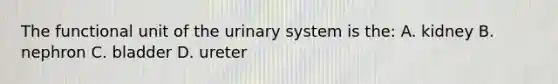 The functional unit of the urinary system is the: A. kidney B. nephron C. bladder D. ureter