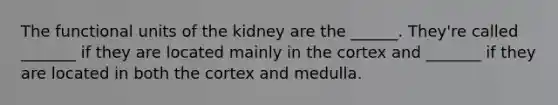 The functional units of the kidney are the ______. They're called _______ if they are located mainly in the cortex and _______ if they are located in both the cortex and medulla.